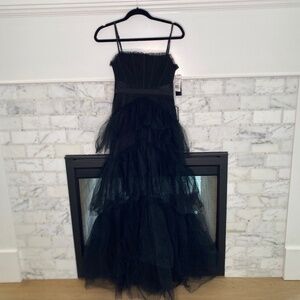 Betsy Adam tiered tulle formal dress adjustible straps sheer panel mesh